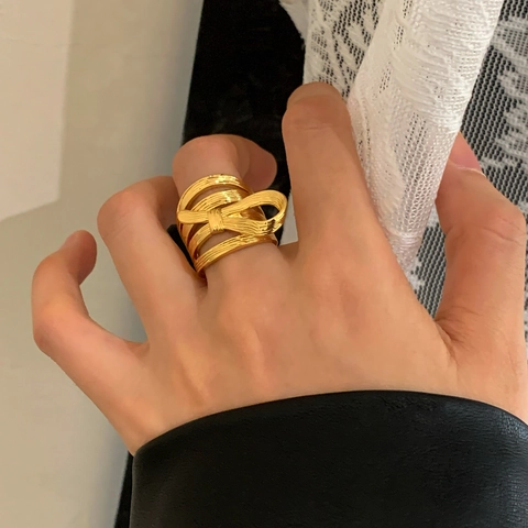 Elegant Bowknot Open Ring Copper Multi Layer Textured Brushed Adjustable Plated Finger Jewelry For Women Niche Style
