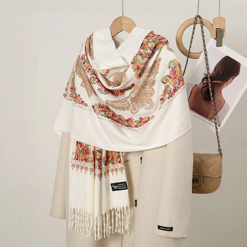 Women's Fashion Faux Cashmere Scarf Rhombic Embroidery Tassel Large Warm Shawl For Winter Autumn Ethnic Vintage Wrap Lady