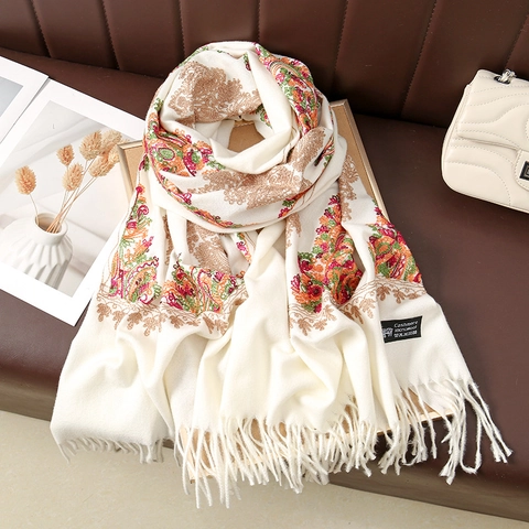 Women's Fashion Faux Cashmere Scarf Rhombic Embroidery Tassel Large Warm Shawl For Winter Autumn Ethnic Vintage Wrap Lady