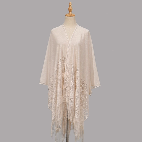 Scialle In Pizzo Da Donna Ricamo Floreale Traforato Frange Nappa Davanti Aperto Elegante Accessorio Per Sera Matrimonio