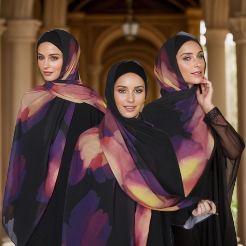 Women Ethnic Digital Print Chiffon Hijab Scarf Lightweight Breathable Long Headwrap Daily Travel Elegant Abstract Scarf