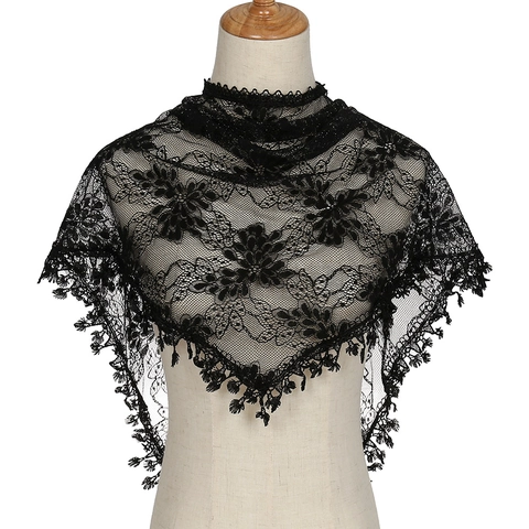 Women Lace Triangle Shawl Polyester Floral Embroidery Hollow Out Tassel Fringe Decorative Scarf Bohemian Style Church Veil