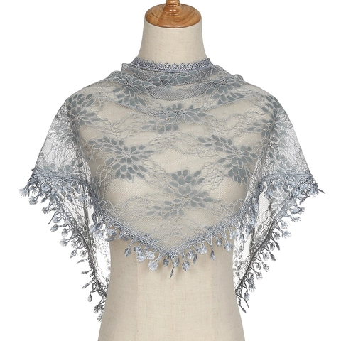 Women Polyester Lace Triangle Scarf Hollow Out Floral Shawl With Tassel Elegant Retro Sheer Wrap For Party Daily