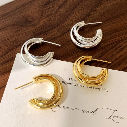 Layered Geometric Circle Stud Earrings For Women Copper With 925 Sterling Silver Earring Post Fashion Polished Frosted