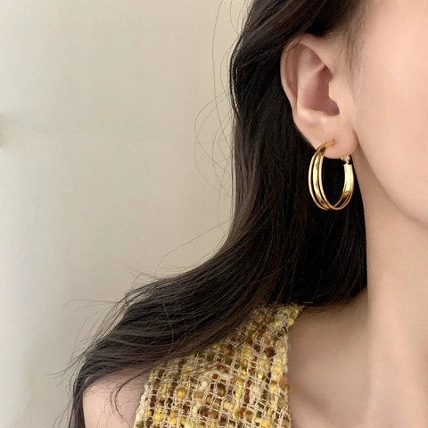 Multi Layer Creolen Kupfer 18K Vergoldet Dreifach Schleife Geometrische Rautenstruktur Minimalistisch Schick Damen