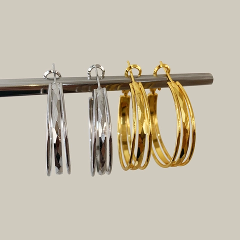 Multi Layer Creolen Kupfer 18K Vergoldet Dreifach Schleife Geometrische Rautenstruktur Minimalistisch Schick Damen