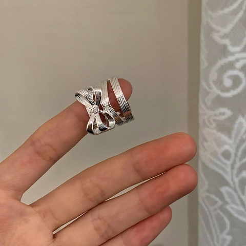 Copper Bowknot Open Ring With Zircon Textured Wide Band Minimalist Elegant Jewelry Gift For Women