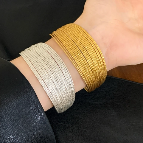 Brazalete De Puño Tejido Multicapa De Cobre Chapado En Oro Plata Líneas Paralelas Texturizadas Pulsera Ajustable Para Mujer