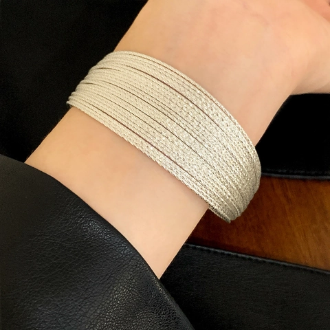 Brazalete De Puño Tejido Multicapa De Cobre Chapado En Oro Plata Líneas Paralelas Texturizadas Pulsera Ajustable Para Mujer