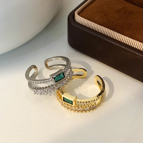 Retro Double Layer Copper Ring For Women With Emerald Cut Green Zircon And Micro Paved White Stones Adjustable