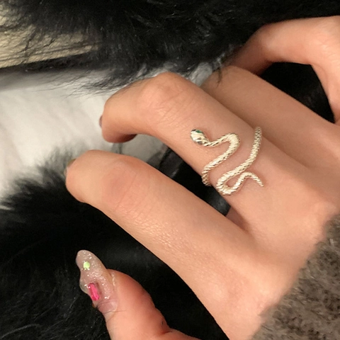 Snake Shaped Adjustable Ring Copper Green Gemstone Eyes Scale Texture Fashion Jewelry Gift For Women