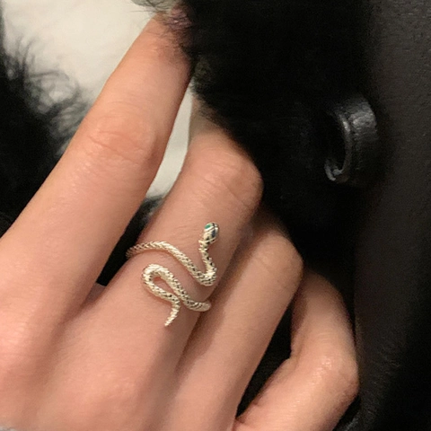 Snake Shaped Adjustable Ring Copper Green Gemstone Eyes Scale Texture Fashion Jewelry Gift For Women
