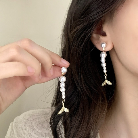 Fishtail Artificial Pearl Long Tassel Drop Earrings With Copper Earring Post Elegant Gold Color Jewelry For Women