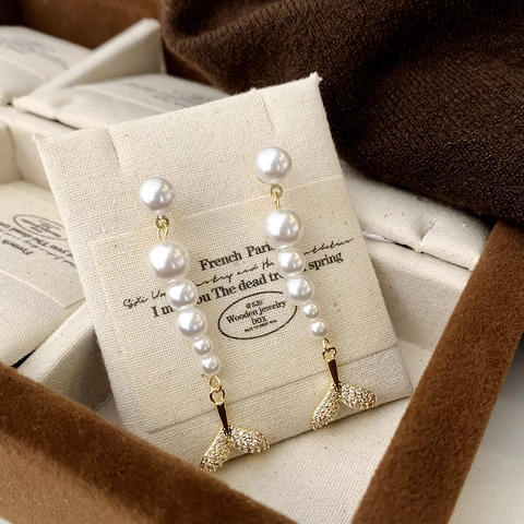 Fishtail Artificial Pearl Long Tassel Drop Earrings With Copper Earring Post Elegant Gold Color Jewelry For Women