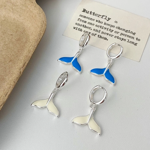 Boucles D'oreilles Créoles Queue De Baleine Cuivre Plaqué Argent Avec Tige En Cuivre Émail Bijoux Pour Femmes