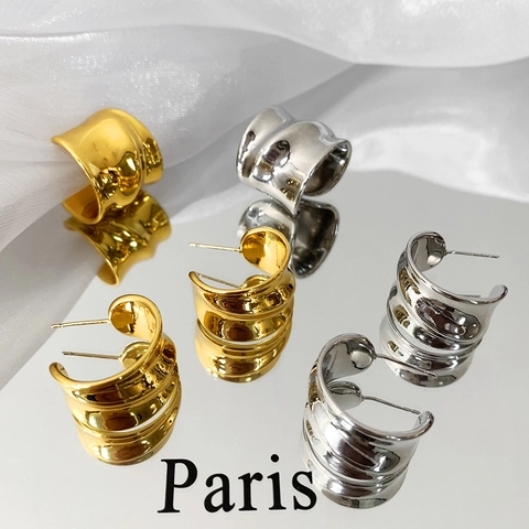 Koperen Oorbellen En Ringen Met 925 Zilveren Oorsteker C-Vorm Gegolfd Breed Onregelmatig Minimalistische Sieraden Dames