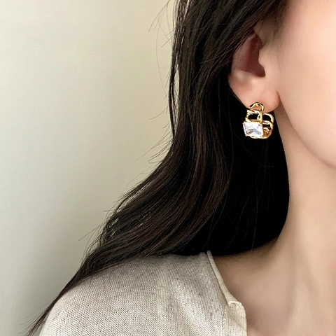 French Vintage Square Zircon Stud Earrings Copper Chain Texture Retro Jewelry For Women With 925 Sterling Silver Earring Post