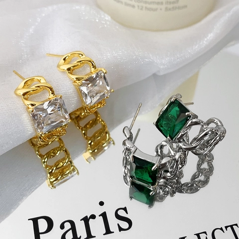 French Vintage Square Zircon Stud Earrings Copper Chain Texture Retro Jewelry For Women With 925 Sterling Silver Earring Post