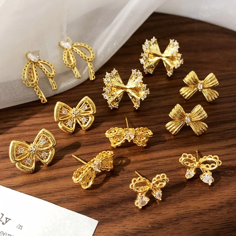French Style Bow Knot Stud Earrings Gold Plated Copper With Zircon Elegant Delicate Jewelry For Women
