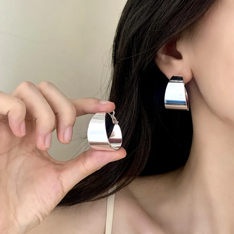 Minimalist High Polished Copper Hoop Earrings Geometric Wide C-Shape Glossy Mirror Metal Jewelry For Women