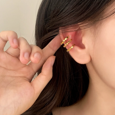 Triple Layer Geometric Cube Bead Ear Cuff Copper Minimalist Stackable Non Pierced Wrap Earrings For Women