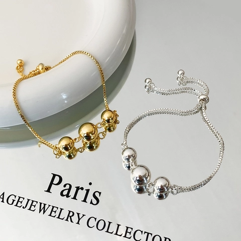 French Retro Polished Bead Bracelet Copper Metal Ball Adjustable Bolo Clasp Box Chain Minimalist Jewelry Women