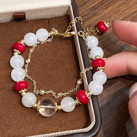 Pulsera De Cuentas De Doble Capa Piedra Natural Cuentas Blancas Rojas Cadena Aleación Ajustable Joyería Retro Elegante Mujeres
