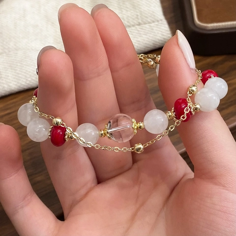 Pulsera De Cuentas De Doble Capa Piedra Natural Cuentas Blancas Rojas Cadena Aleación Ajustable Joyería Retro Elegante Mujeres