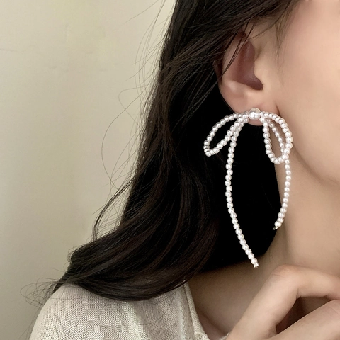 Elegant Bow Stud Earrings French Style Artificial Pearl Bowknot Copper Earrings For Women Commuting Luxury Jewelry