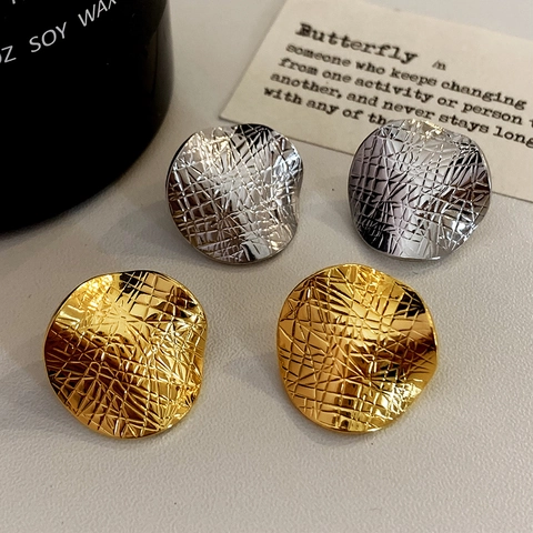 Irregular Round Stud Earrings Copper Hammered Texture Leather Grain Pattern Retro Minimalist Fashion Jewelry For Women