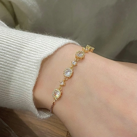 Elegant Copper Zircon Bracelet Adjustable Bolo Box Chain Shiny Square Round Cubic Zirconia Jewelry For Women
