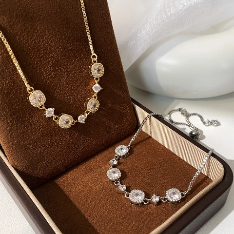 Elegant Copper Zircon Bracelet Adjustable Bolo Box Chain Shiny Square Round Cubic Zirconia Jewelry For Women