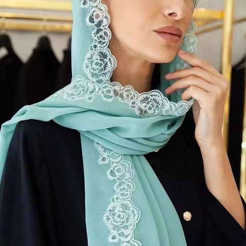 Écharpe Hijab En Mousseline Pour Femmes Avec Bordure En Dentelle Florale Couleur Unie Style Ethnique Élégant