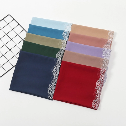 Écharpe Hijab En Mousseline Pour Femmes Avec Bordure En Dentelle Florale Couleur Unie Style Ethnique Élégant