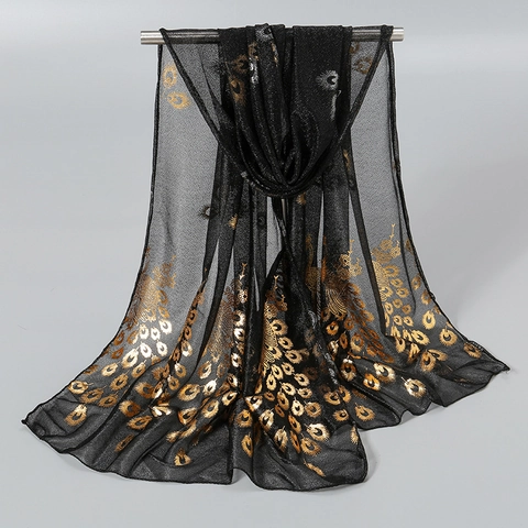 Écharpe Femme Élégante Imprimé Plumes De Paon Dorées Châle Léger Bronzage Accessoires Vintage Pour Toutes Saisons