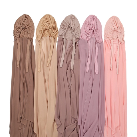 Women Muslim Integrated Hijab Scarf With Modal Inner Cap Artificial Pearl Chiffon Solid Color Long Wrap Modest Headwear