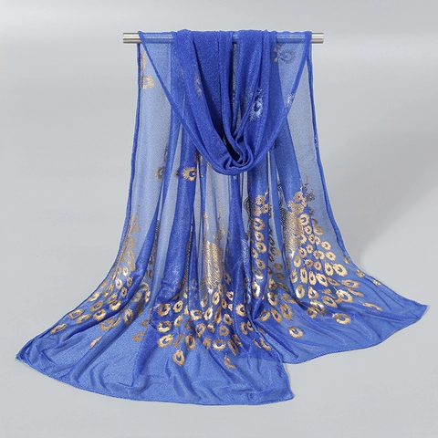 Écharpe Femme Élégante Imprimé Plumes De Paon Dorées Châle Léger Bronzage Accessoires Vintage Pour Toutes Saisons