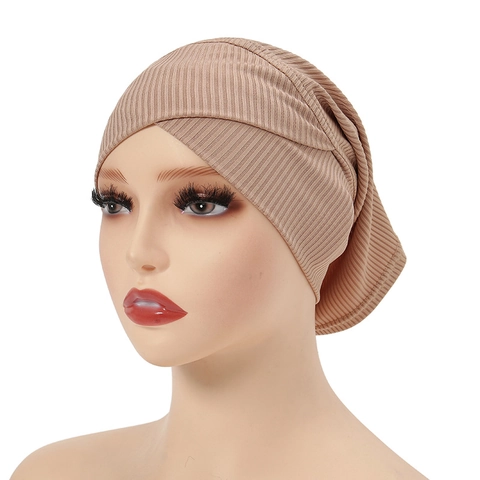 Women Ribbed Knit Turban Hat Front Cross Muslim Hijab Undercap Solid Color Elastic Breathable Headwrap Fashion Accessory