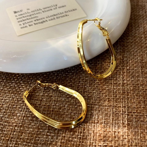 Geometric Double Layer Hoop Earrings 18K Gold Plated Copper Minimalist U Shaped Oval Fashion Jewelry For Women