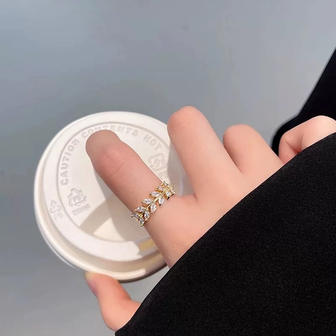 Leaf Vine Adjustable Open Ring Copper With Marquise Cubic Zirconia Elegant Fashion Jewelry For Women Simple Daily Gift