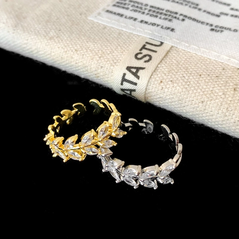 Elegant Marquise Zirconia Leaf Open Adjustable Ring Copper Base Gold Silver Plated Minimalist Jewelry For Women