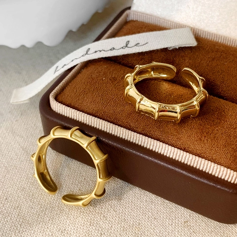 Bamboo Joint Open Ring Copper Gold Plated Adjustable Minimalist Elegant Jewelry For Women