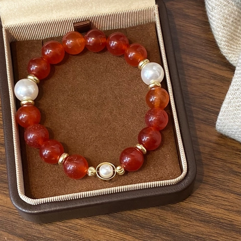 Retro Beaded Bracelet Red Agate Artificial Pearl Gold Plated Brass Elegant Vintage Chinese Style Jewelry For Women