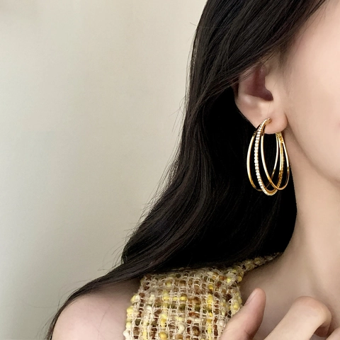 Pendientes De Aro Geométricos De Triple Capa Cobre Circonita Con Poste De Plata De Ley 925 Para Mujeres