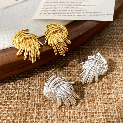 Fächerförmige Ohrstecker Vintage Gewebte Textur Kupfer Mit 18K Goldbeschichtung Modeschmuck Für Damen