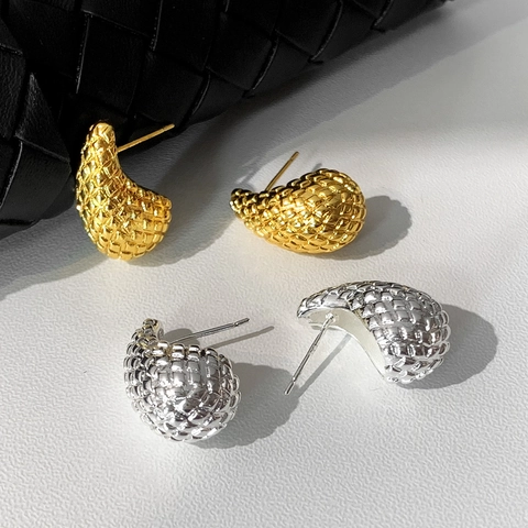 Wassertropfen Mesh Ohrstecker Gold Silber Vergoldet Kupfer Gewebte Textur Geometrischer Modeschmuck Für Damen