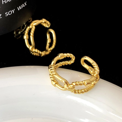 Double Layer Open Ring Gold Plated Copper Twist Rope Chain Adjustable Minimalist Fashion Jewelry Women
