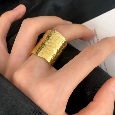 Verstellbarer Offener Ring Hammerschlag Kupfer 18K Vergoldet Französisch Vintage Breit Geometrischer Schmuck Für Frauen