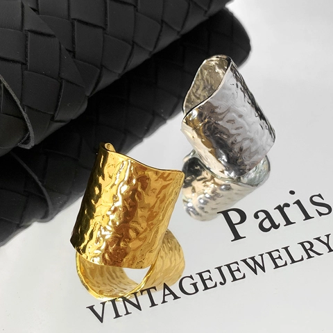 Verstellbarer Offener Ring Hammerschlag Kupfer 18K Vergoldet Französisch Vintage Breit Geometrischer Schmuck Für Frauen