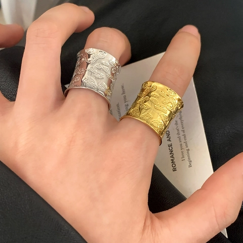 Hammered Wide Band Open Ring Copper 18K Gold Plated Textured Adjustable Minimalist Jewelry For Women